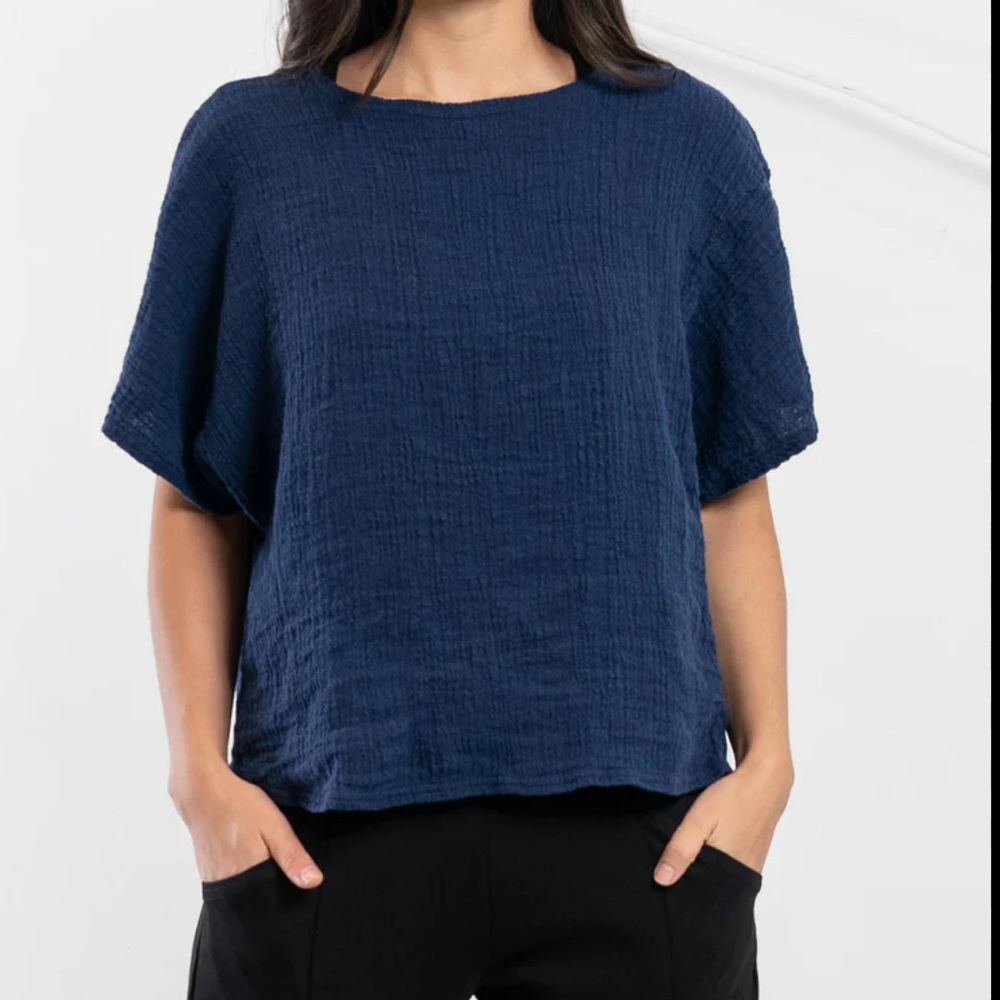 Navy Crinkle Gauze Tee